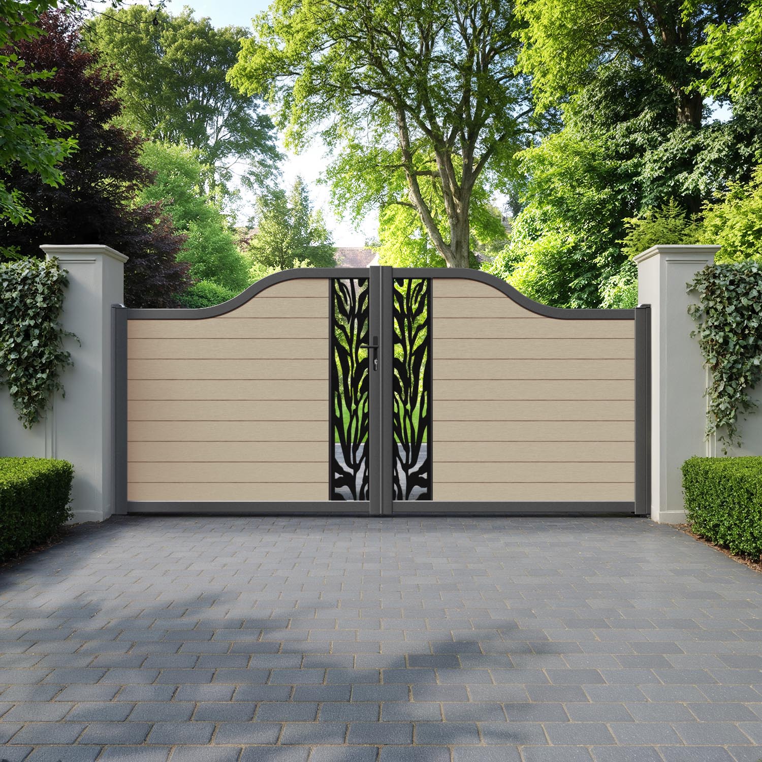 Fusion Malawi Curved Top Driveway Gate - Light Oak - Middle Screen