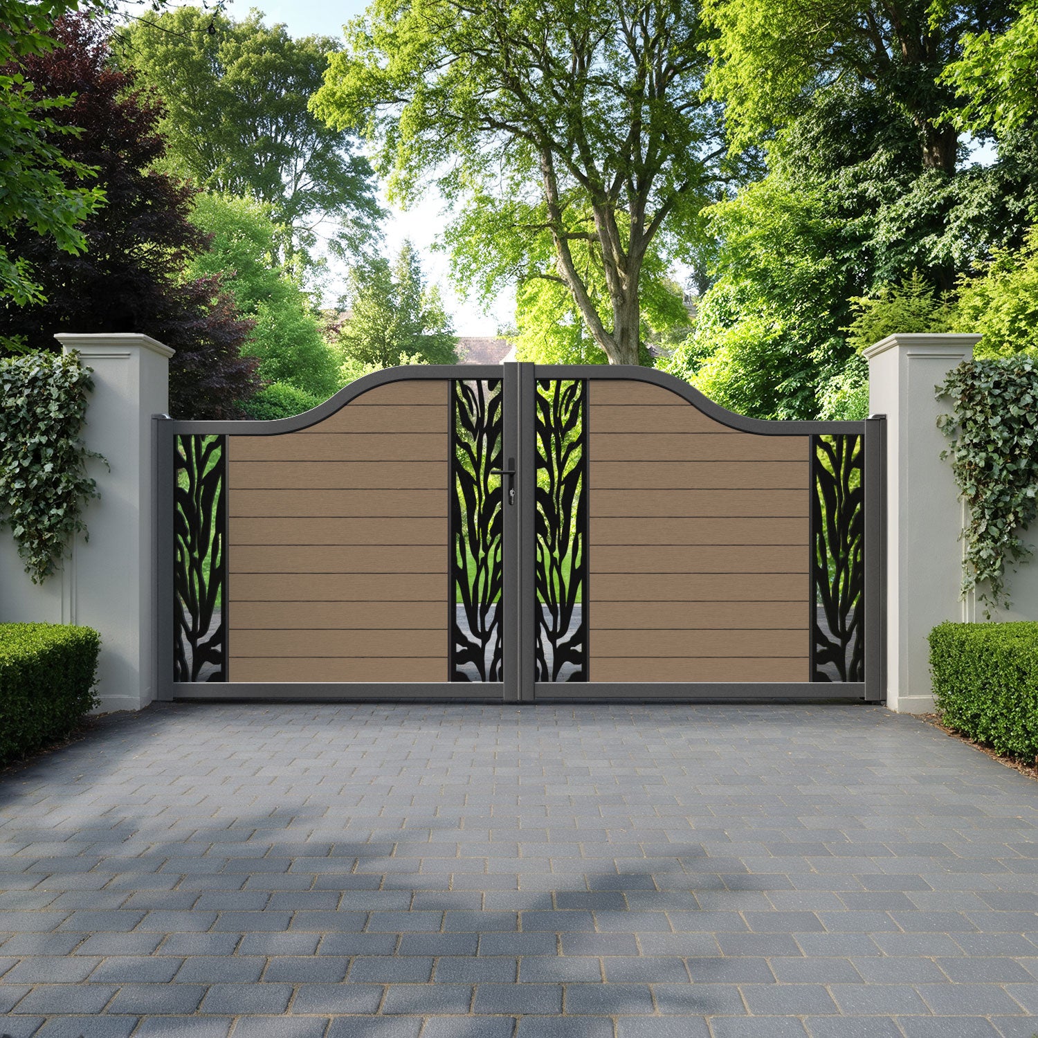 Fusion Malawi Curved Top Driveway Gate - Teak - Middle & End Screen