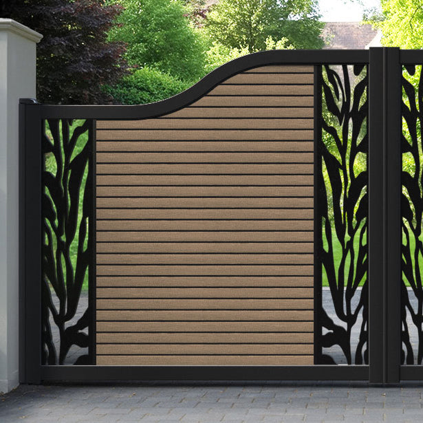 Hudson Malawi Curved Top Driveway Gate - Teak - Middle & End Screen