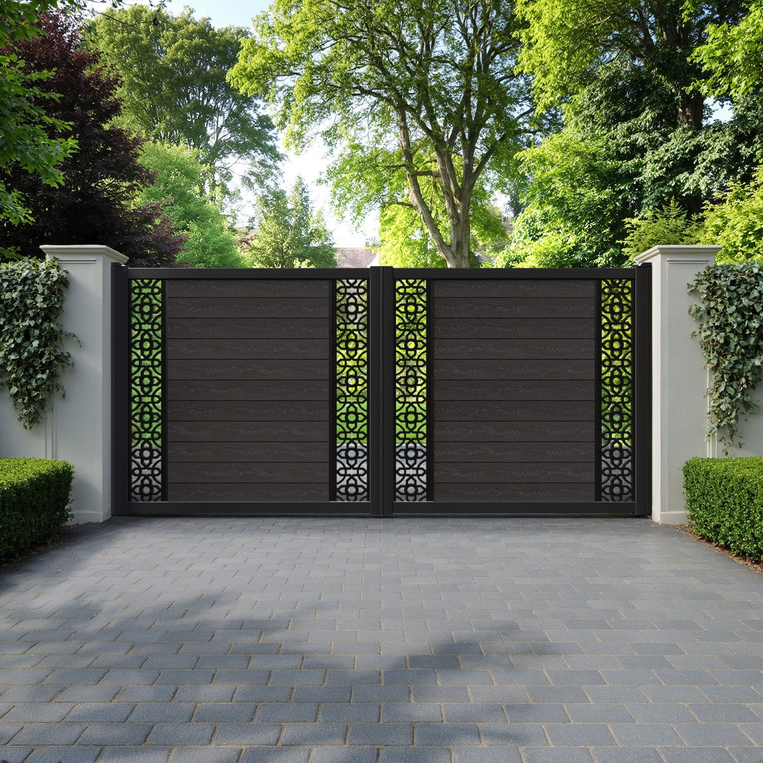 Classic Nabila Straight Top Driveway Gate - Dark Oak - Middle & End Screen
