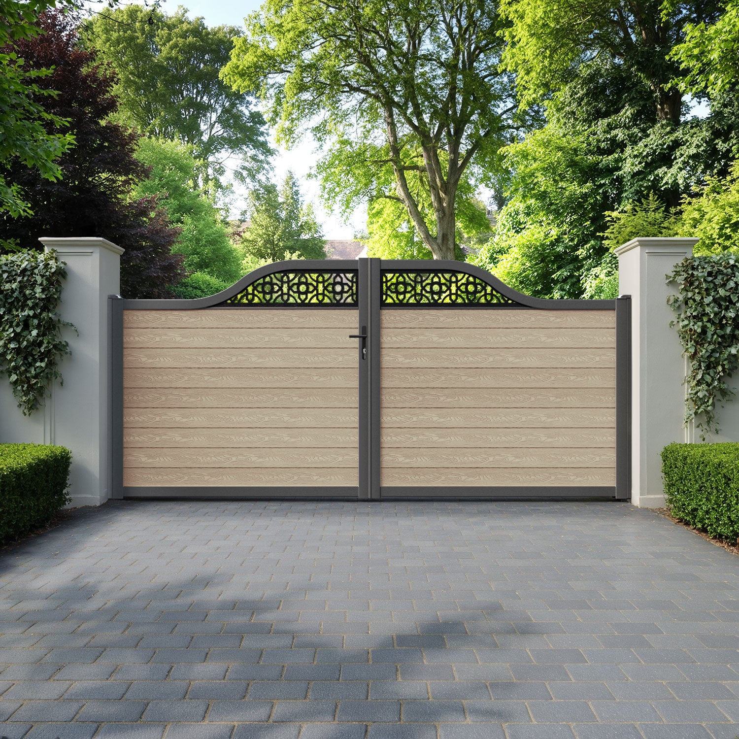 Classic Nabila Curved Top Driveway Gate - Light Oak - Top Screen