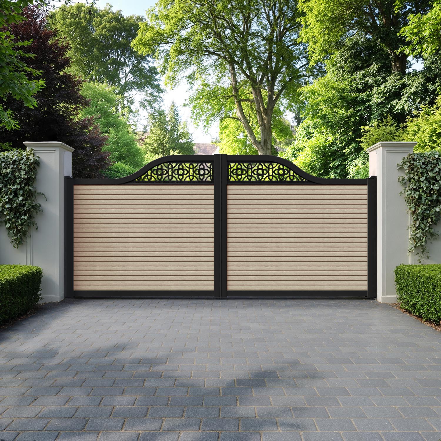 Hudson Nabila Curved Top Driveway Gate - Light Oak - Top Screen