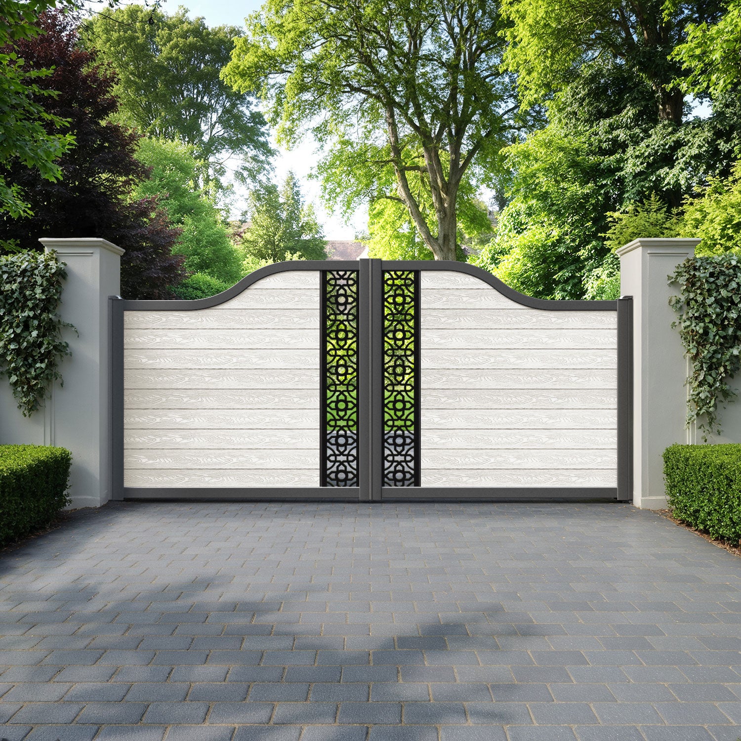Classic Nabila Curved Top Driveway Gate - Light Stone - Middle Screen