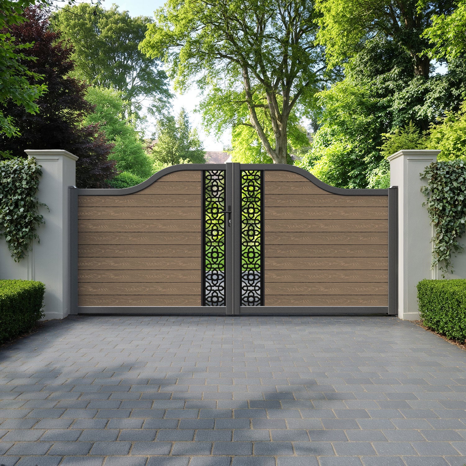 Classic Nabila Curved Top Driveway Gate - Teak - Middle Screen