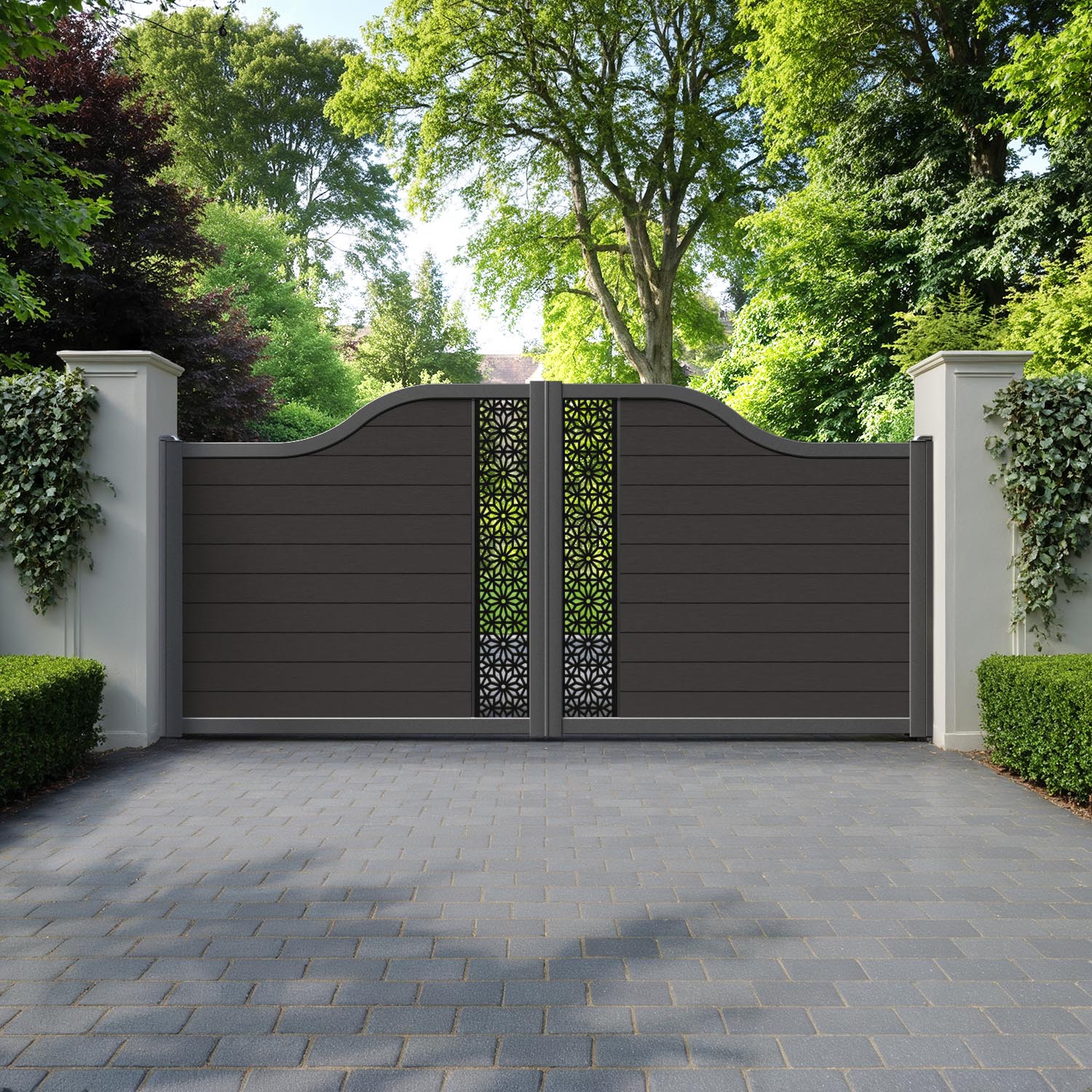 Fusion Narwa Curved Top Driveway Gate - Dark Oak - Middle Screen