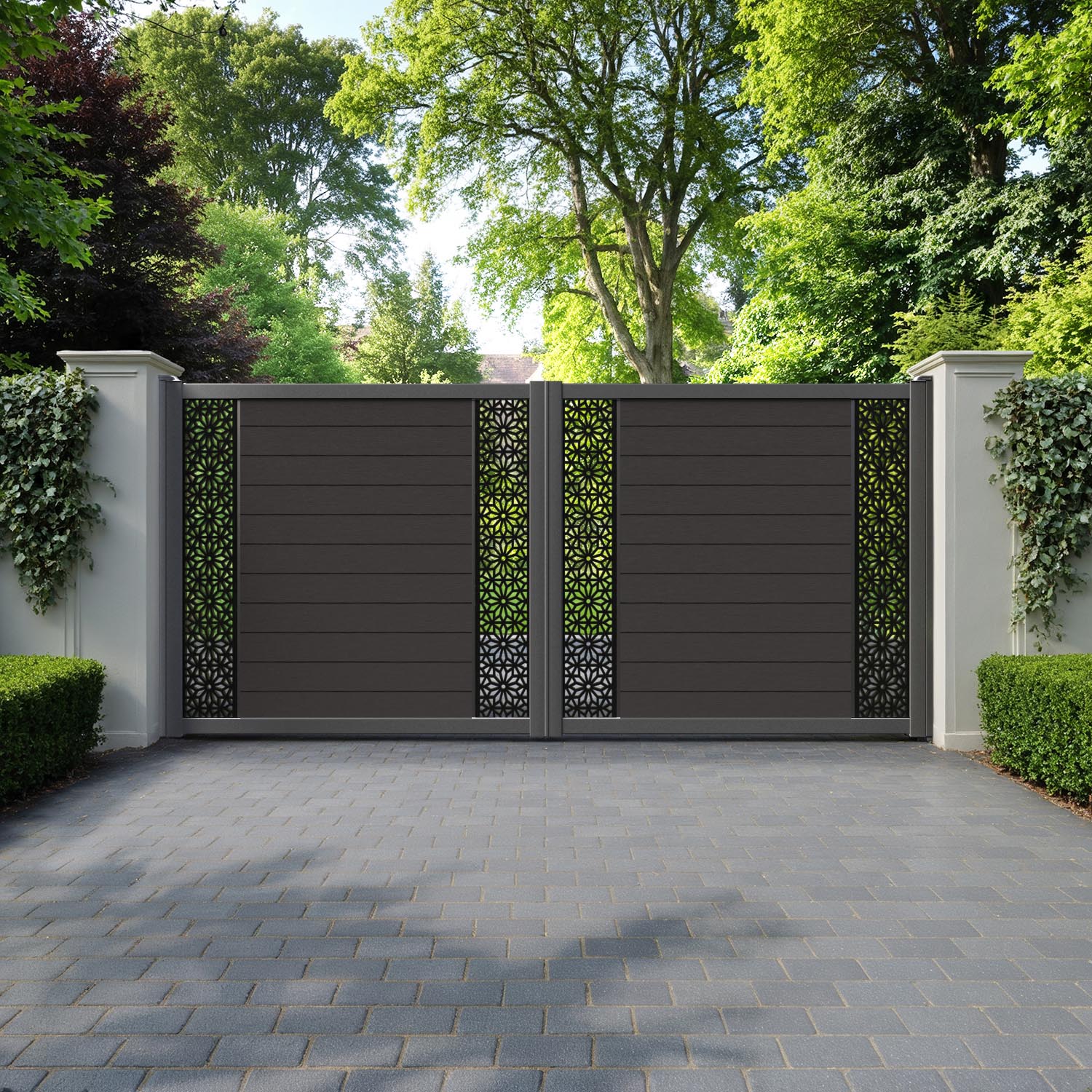 Fusion Narwa Straight Top Driveway Gate - Dark Oak - Middle & End Screen