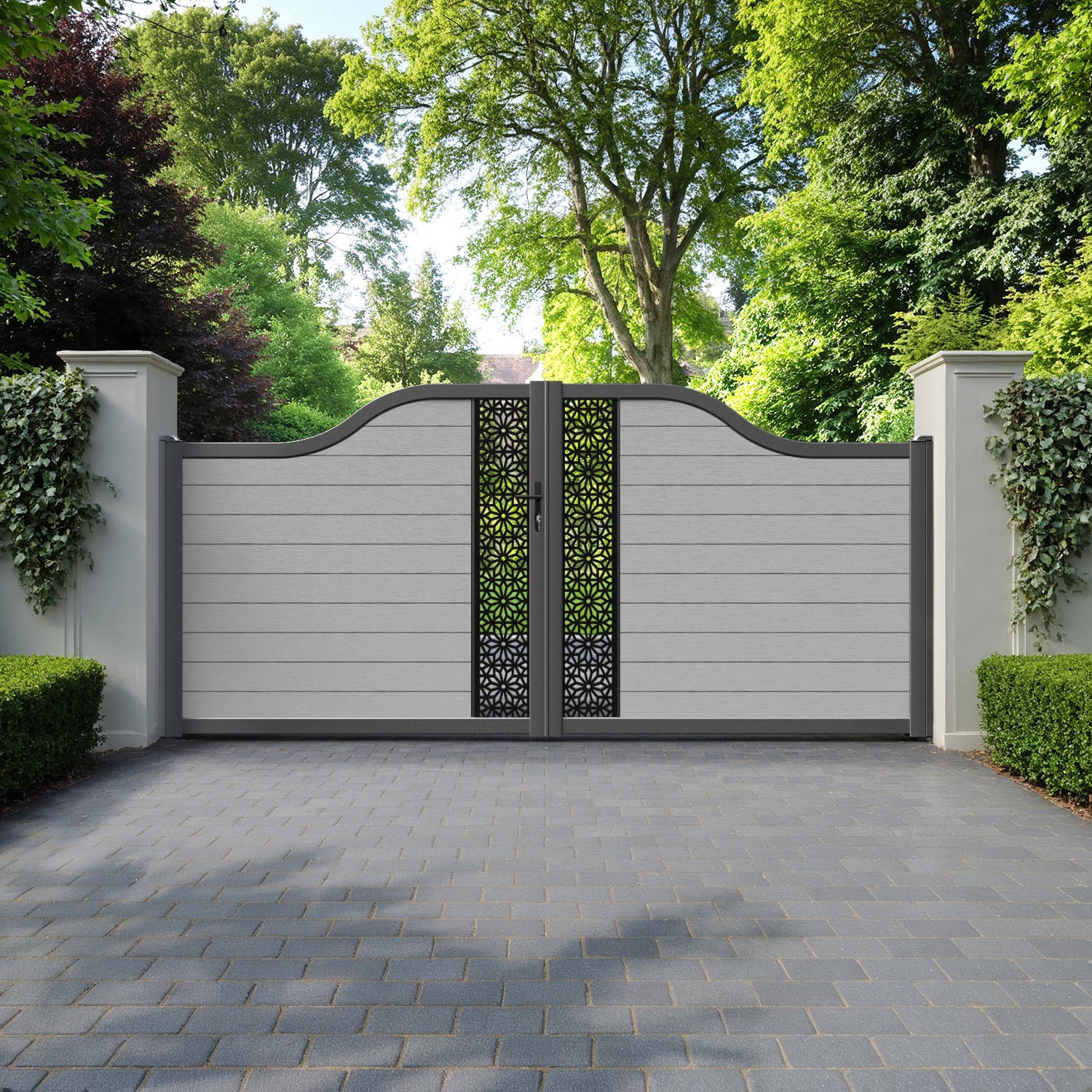 Fusion Narwa Curved Top Driveway Gate - Light Grey - Middle Screen
