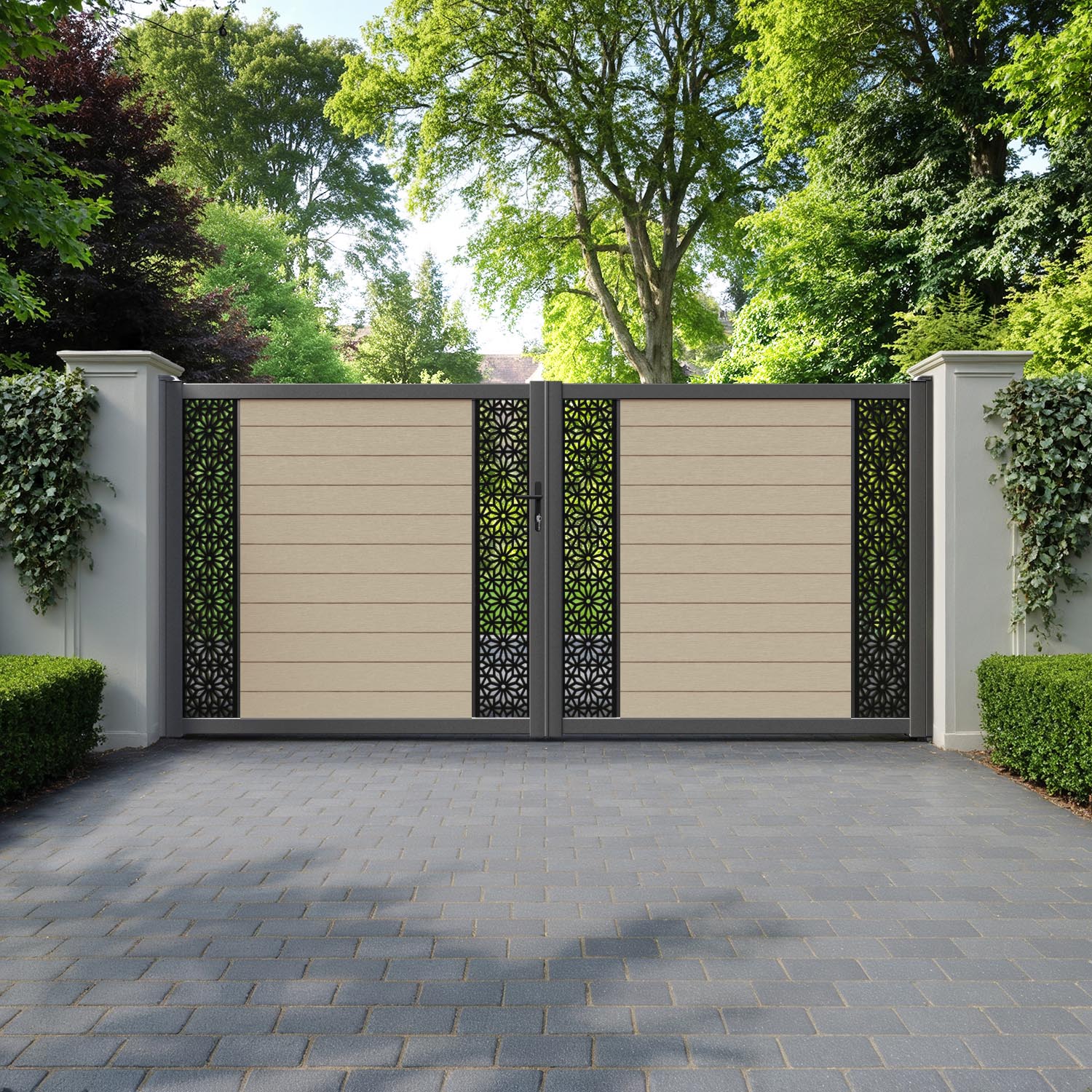 Fusion Narwa Straight Top Driveway Gate - Light Oak - Middle & End Screen