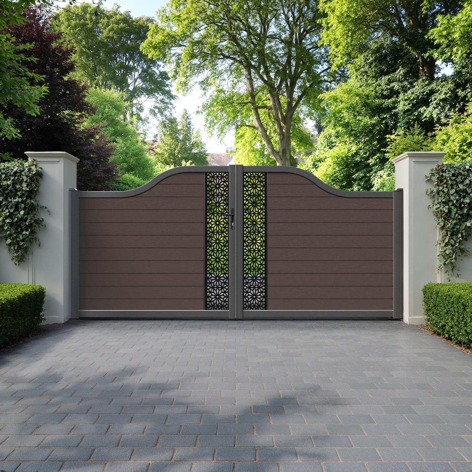 Fusion Narwa Curved Top Driveway Gate - Mid Brown - Middle Screen