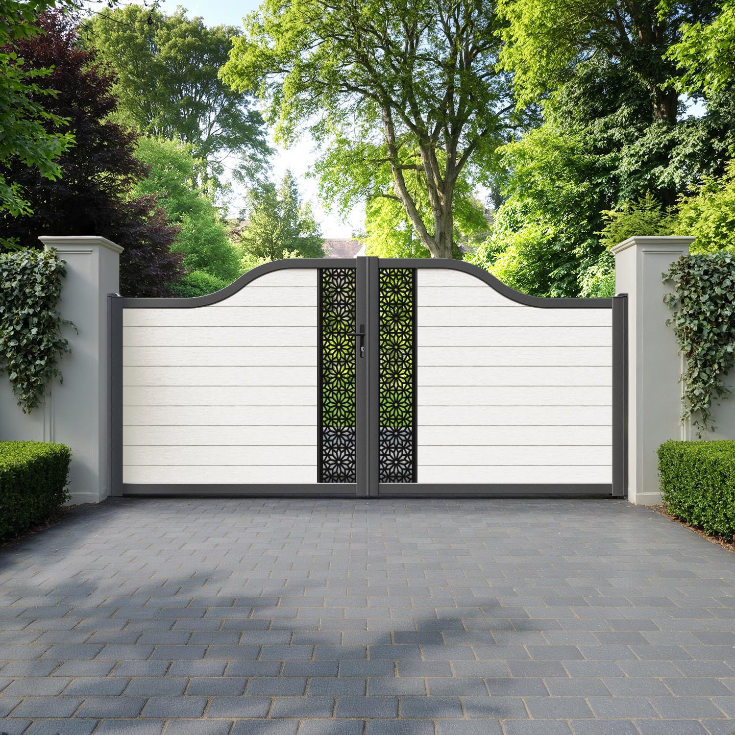 Fusion Narwa Curved Top Driveway Gate - Light Stone - Middle Screen