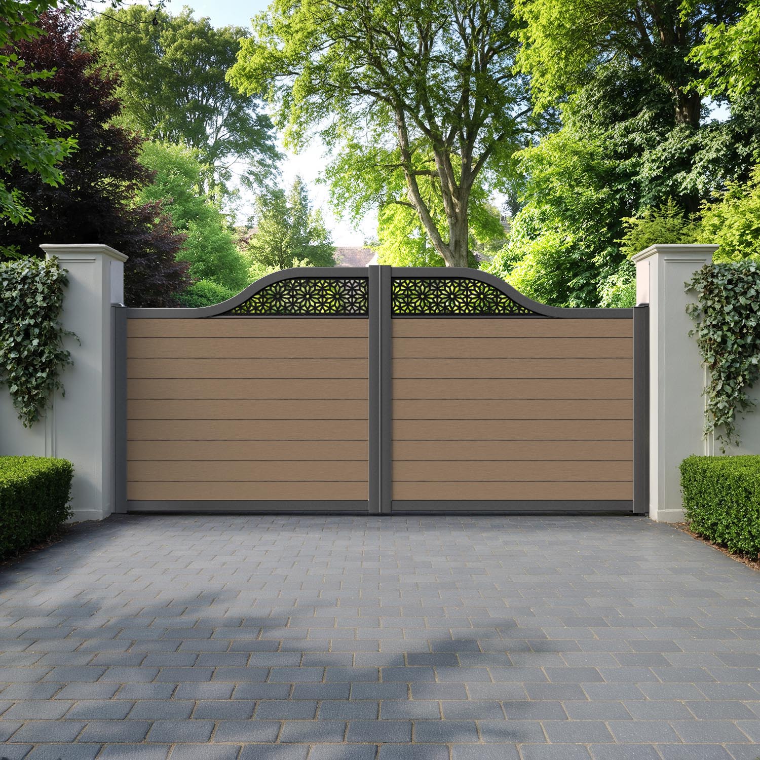 Fusion Narwa Curved Top Driveway Gate - Teak - Top Screen