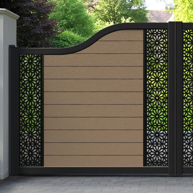 Fusion Narwa Curved Top Driveway Gate - Teak - Middle & End Screen