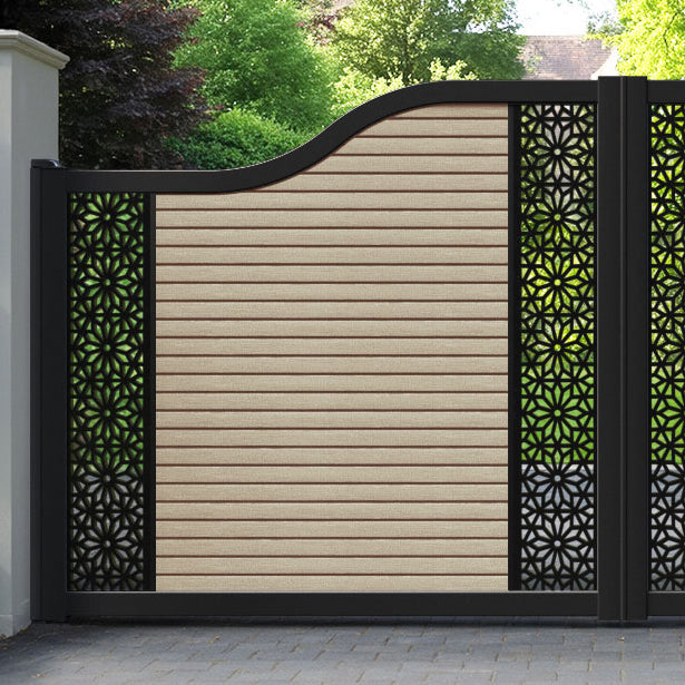 Hudson Narwa Curved Top Driveway Gate - Light Oak- Middle & End Screen