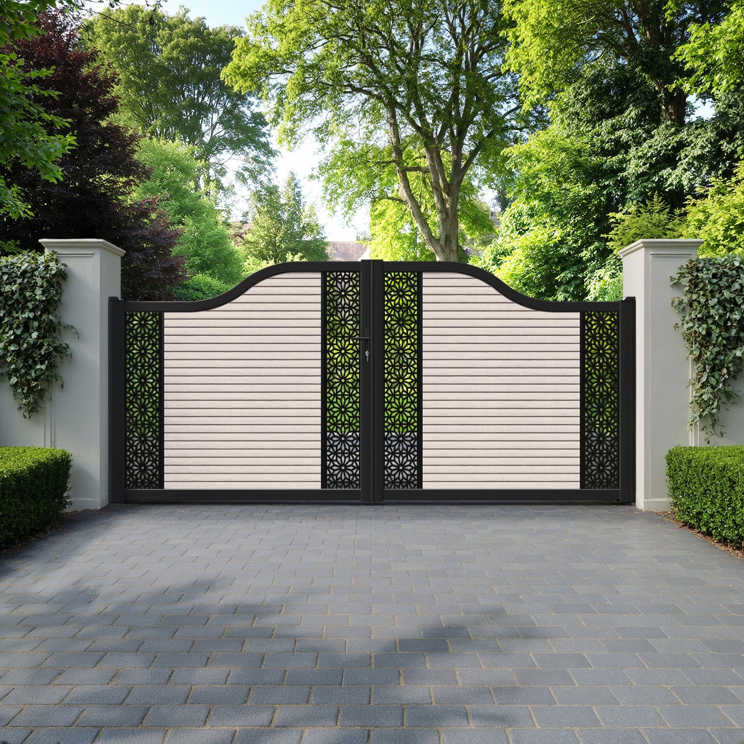 Hudson Narwa Curved Top Driveway Gate - Mid Stone - Middle & End Screen