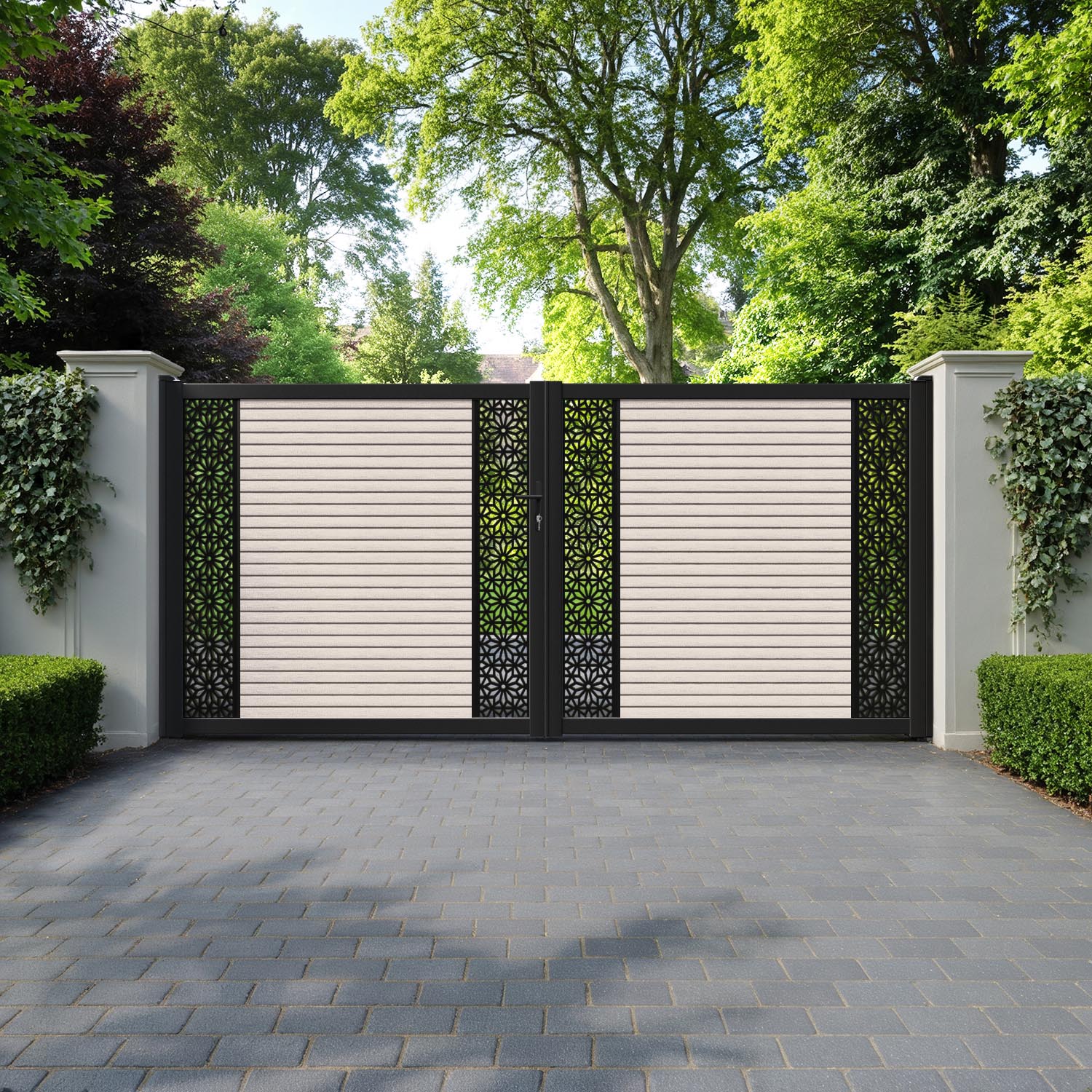 Hudson Narwa Straight Top Driveway Gate - Mid Stone - Middle & End Screen