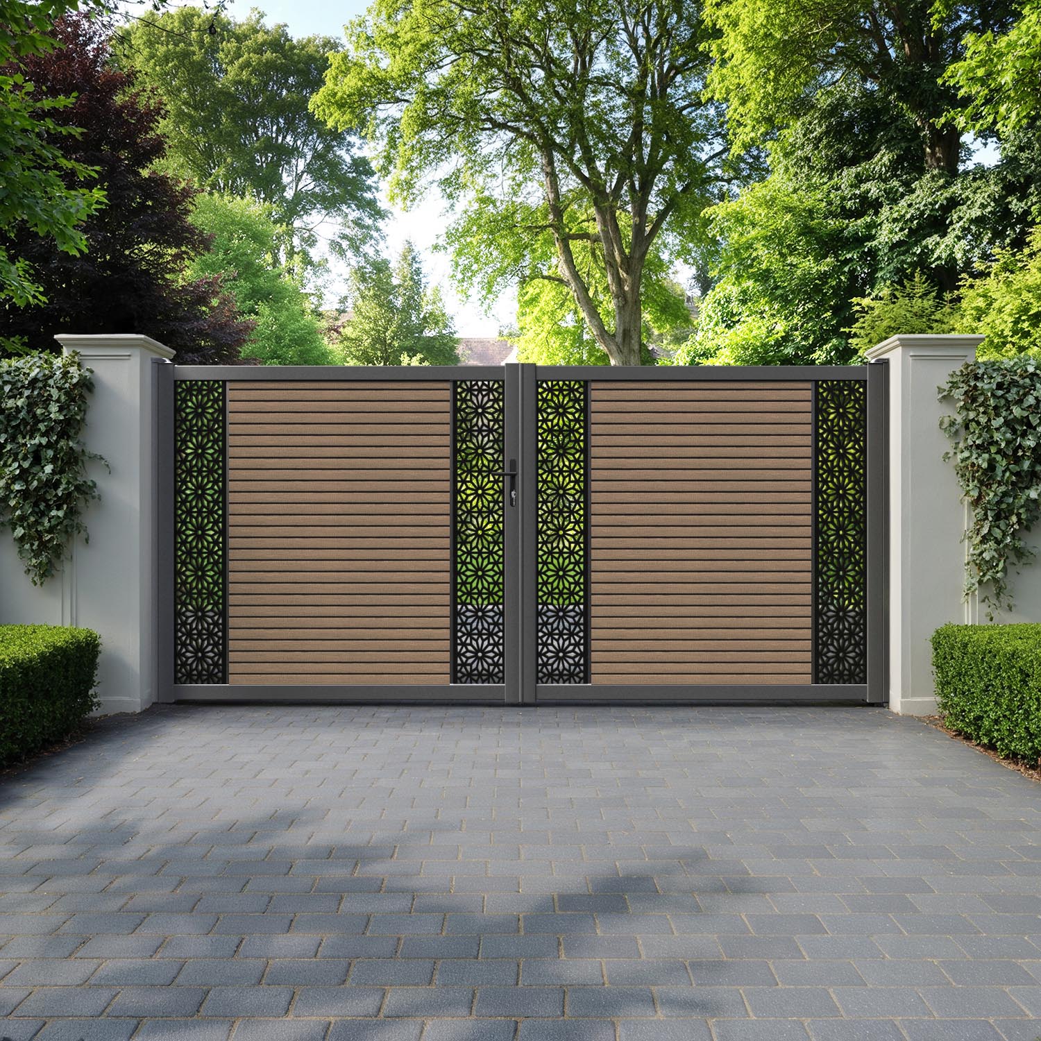 Hudson Narwa Straight Top Driveway Gate - Teak - Middle & End Screen