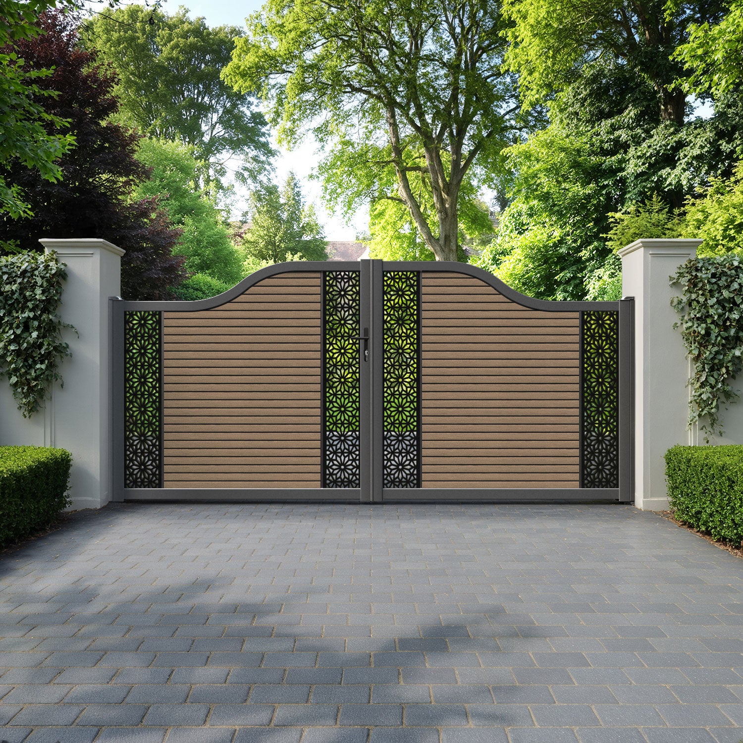 Hudson Narwa Curved Top Driveway Gate - Teak - Middle & End Screen