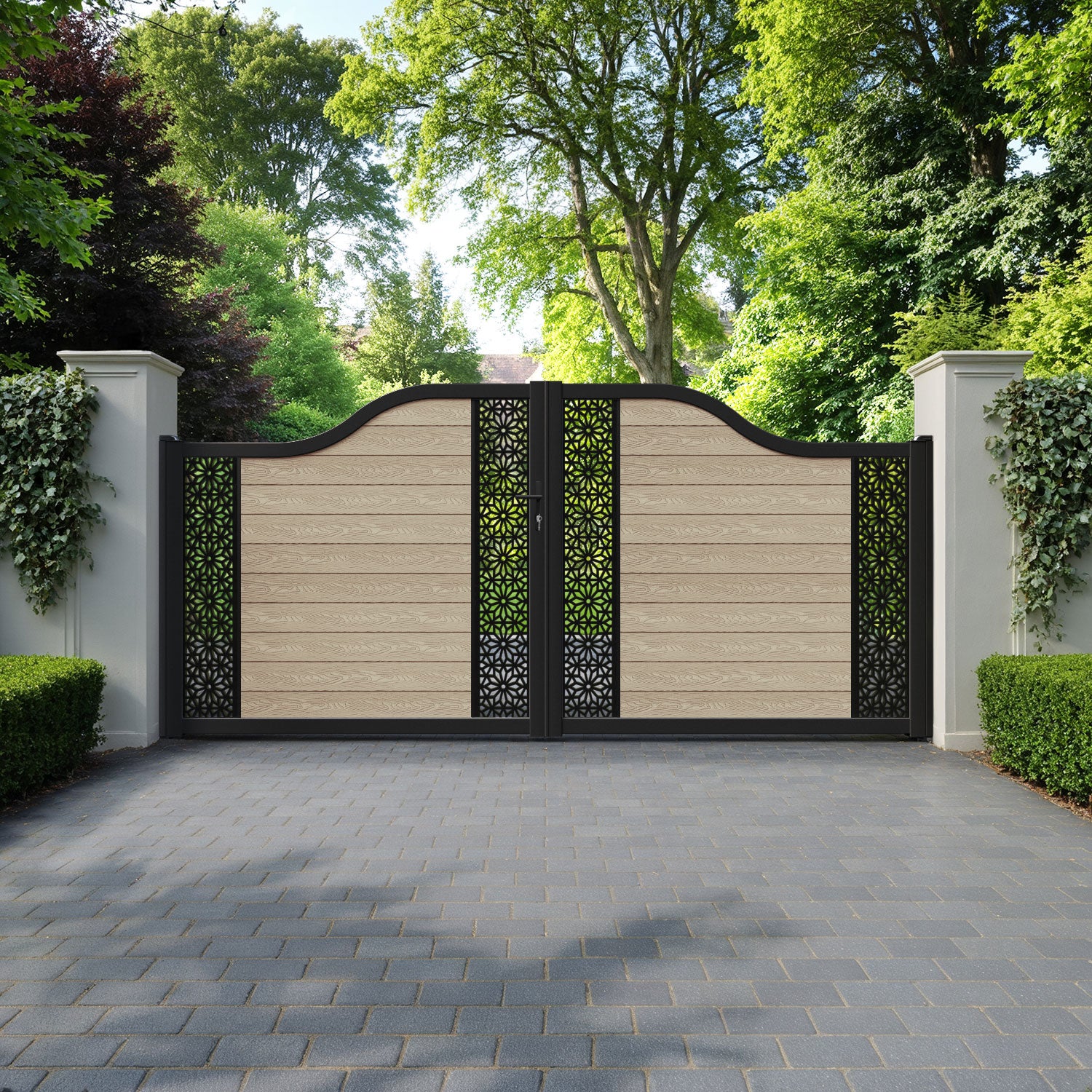 Classic Narwa Curved Top Driveway Gate - Light Oak - Middle & End Screen