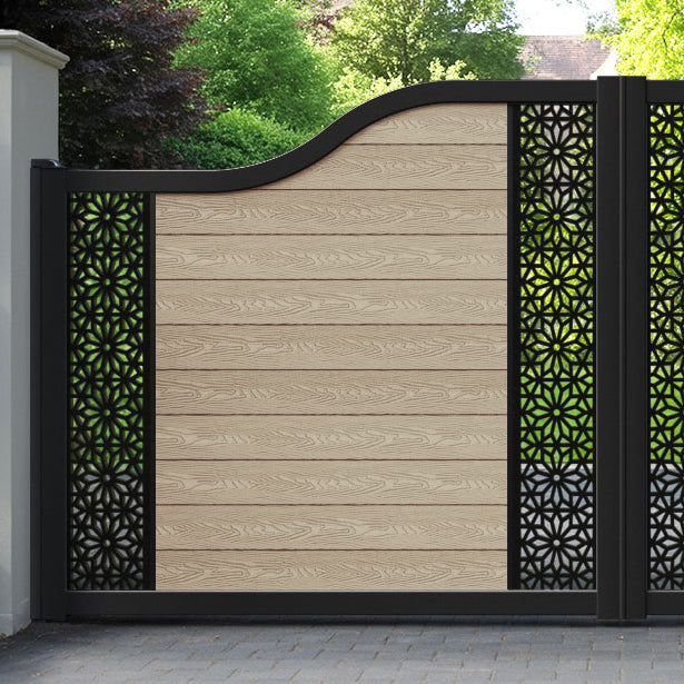 Classic Narwa Curved Top Driveway Gate - Light Oak - Middle & End Screen