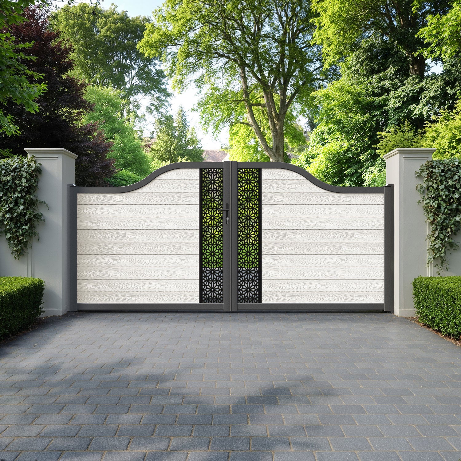 Classic Narwa Curved Top Driveway Gate - Light Stone - Middle Screen