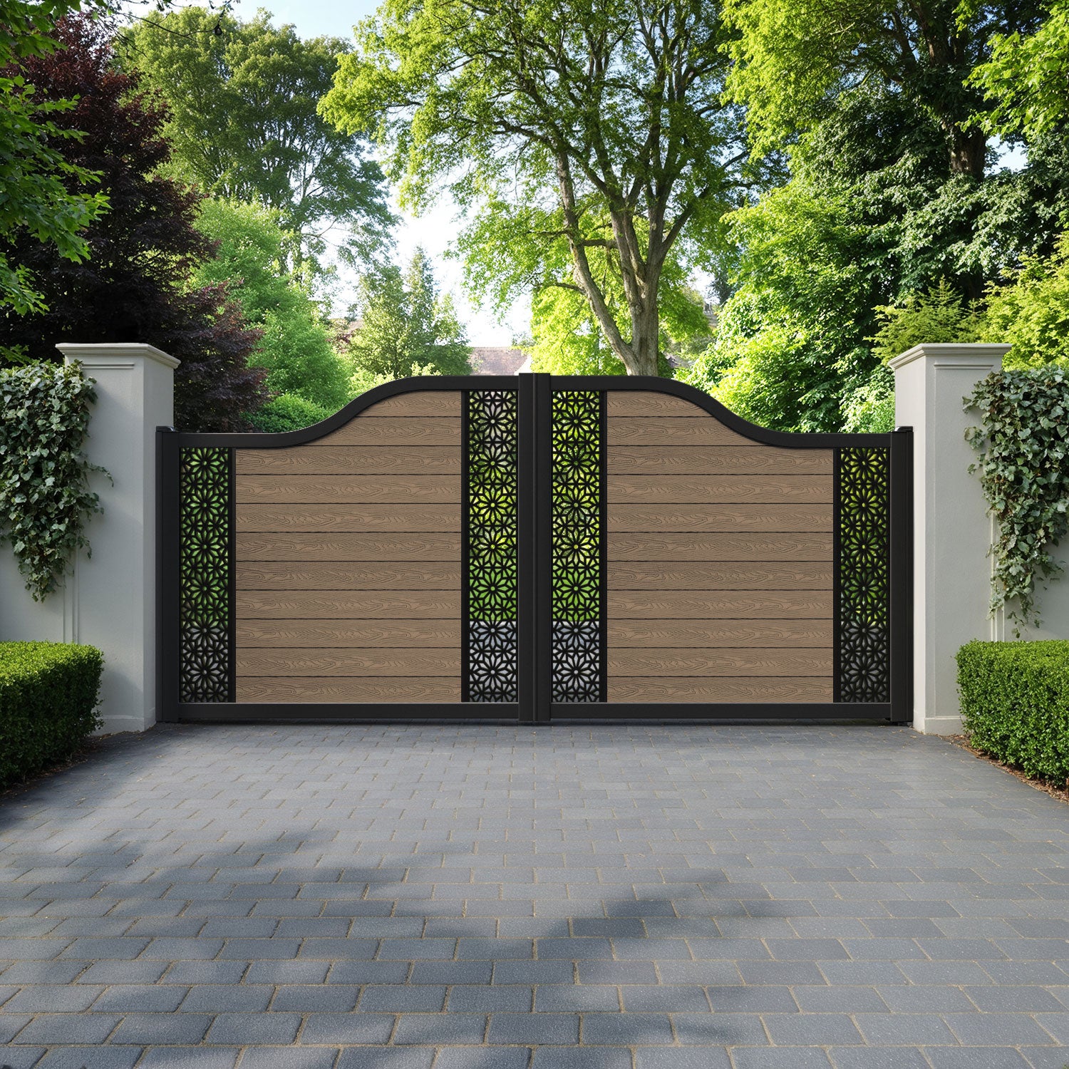 Classic Narwa Curved Top Driveway Gate - Teak - Middle & End Screen