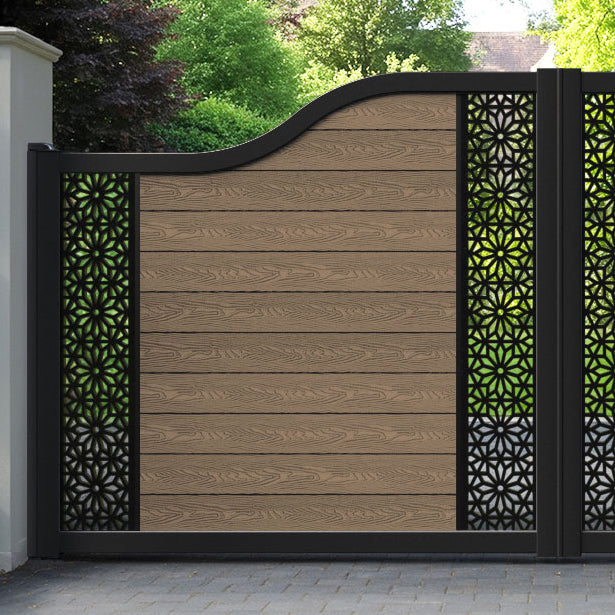 Classic Narwa Curved Top Driveway Gate - Teak - Middle & End Screen