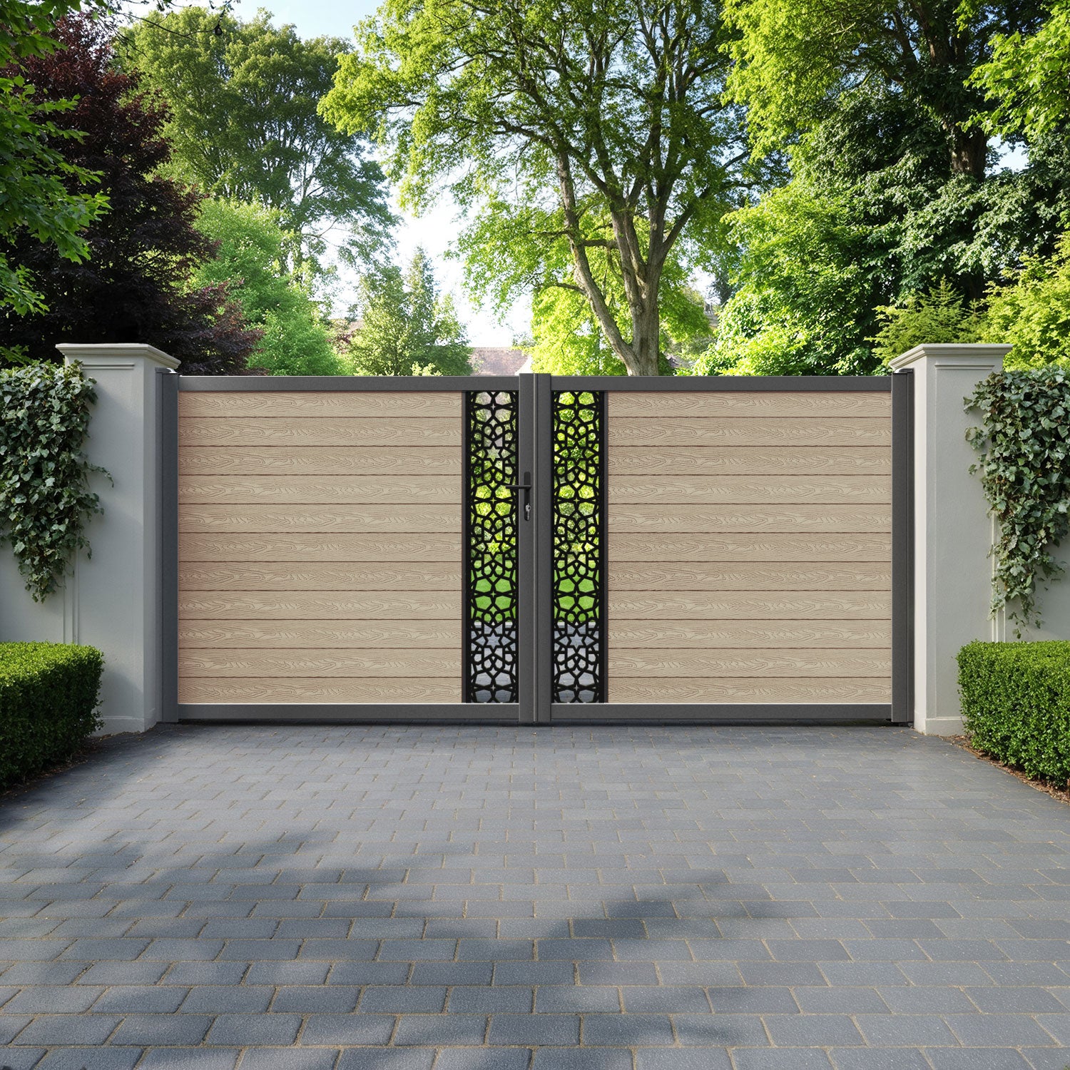 Classic Nazira Straight Top Driveway Gate - Light Oak - Middle Screen