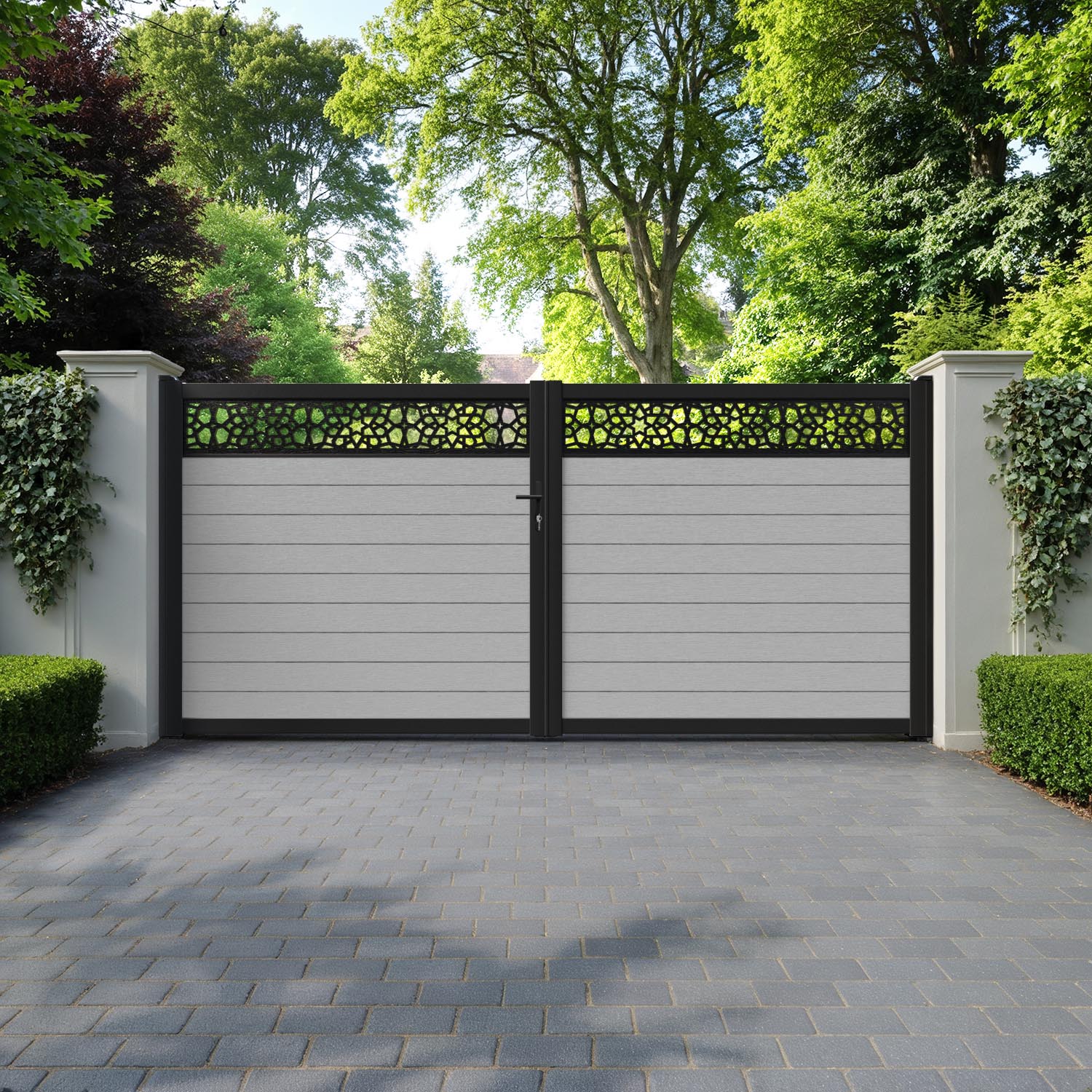 Fusion Nazira Straight Top Driveway Gate - Light Grey - Top Screen