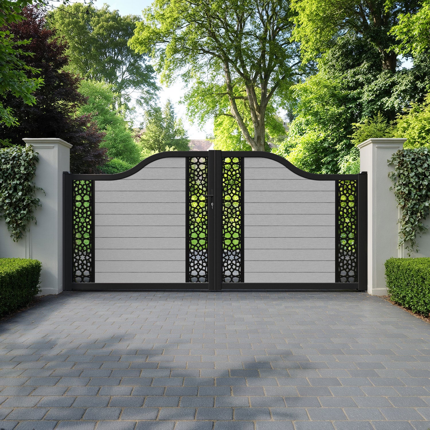 Fusion Nazira Curved Top Driveway Gate - Light Grey - Middle & End Screen