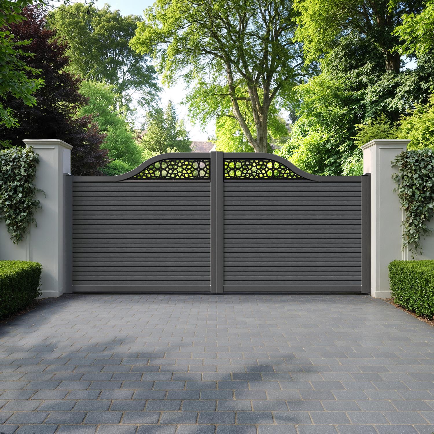 Hudson Nazira Curved Top Driveway Gate - Dark Grey - Top Screen