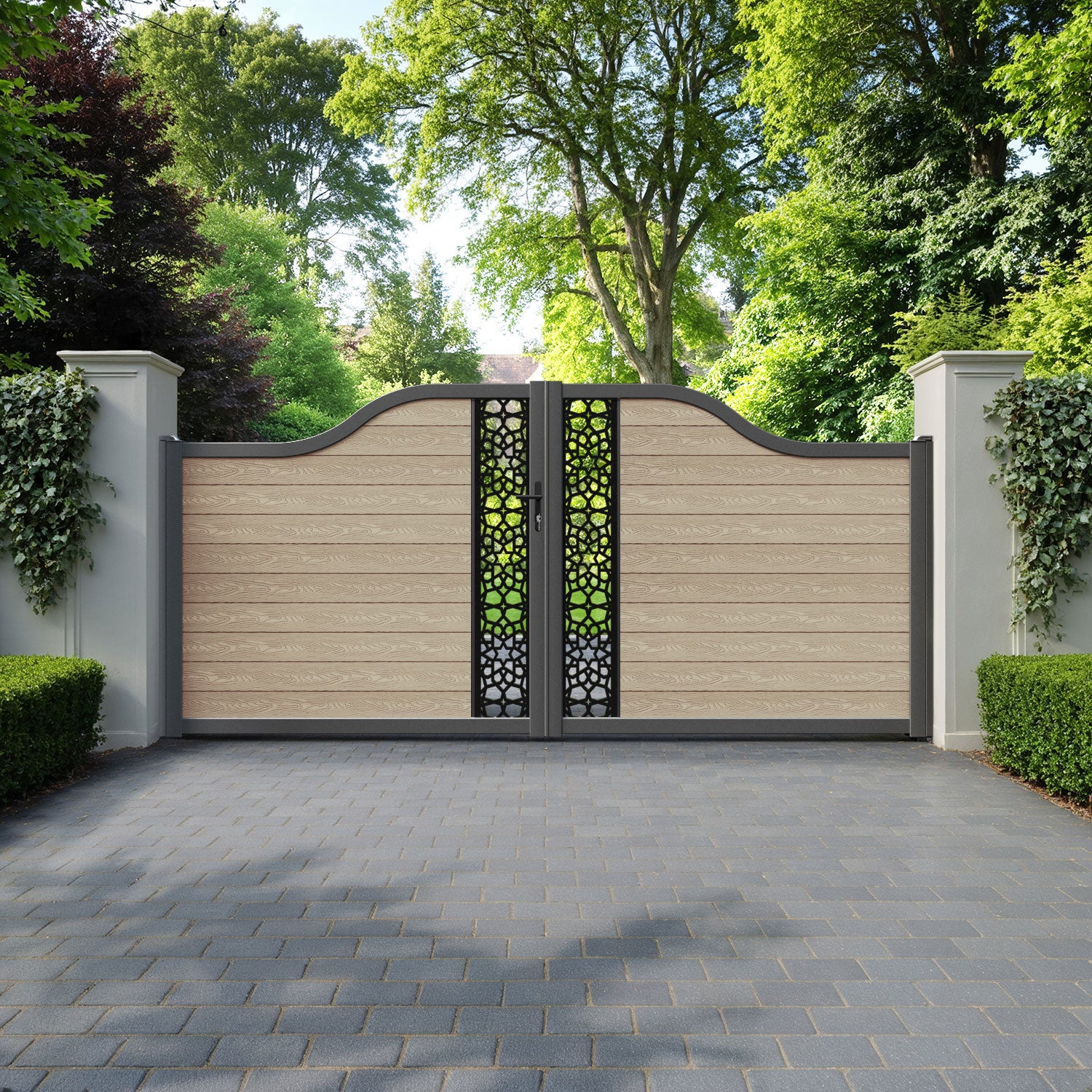 Classic Nazira Curved Top Driveway Gate - Light Oak - Middle Screen
