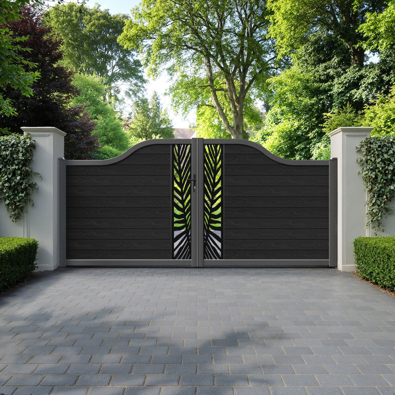 Classic Palm Curved Top Driveway Gate - Black - Middle Screen