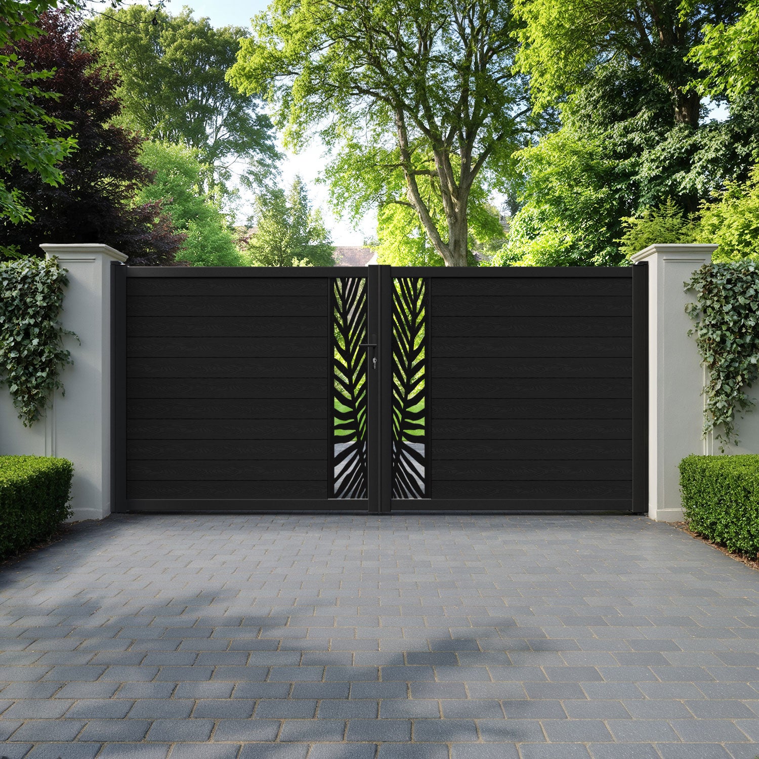 Classic Palm Straight Top Driveway Gate - Black - Middle Screen