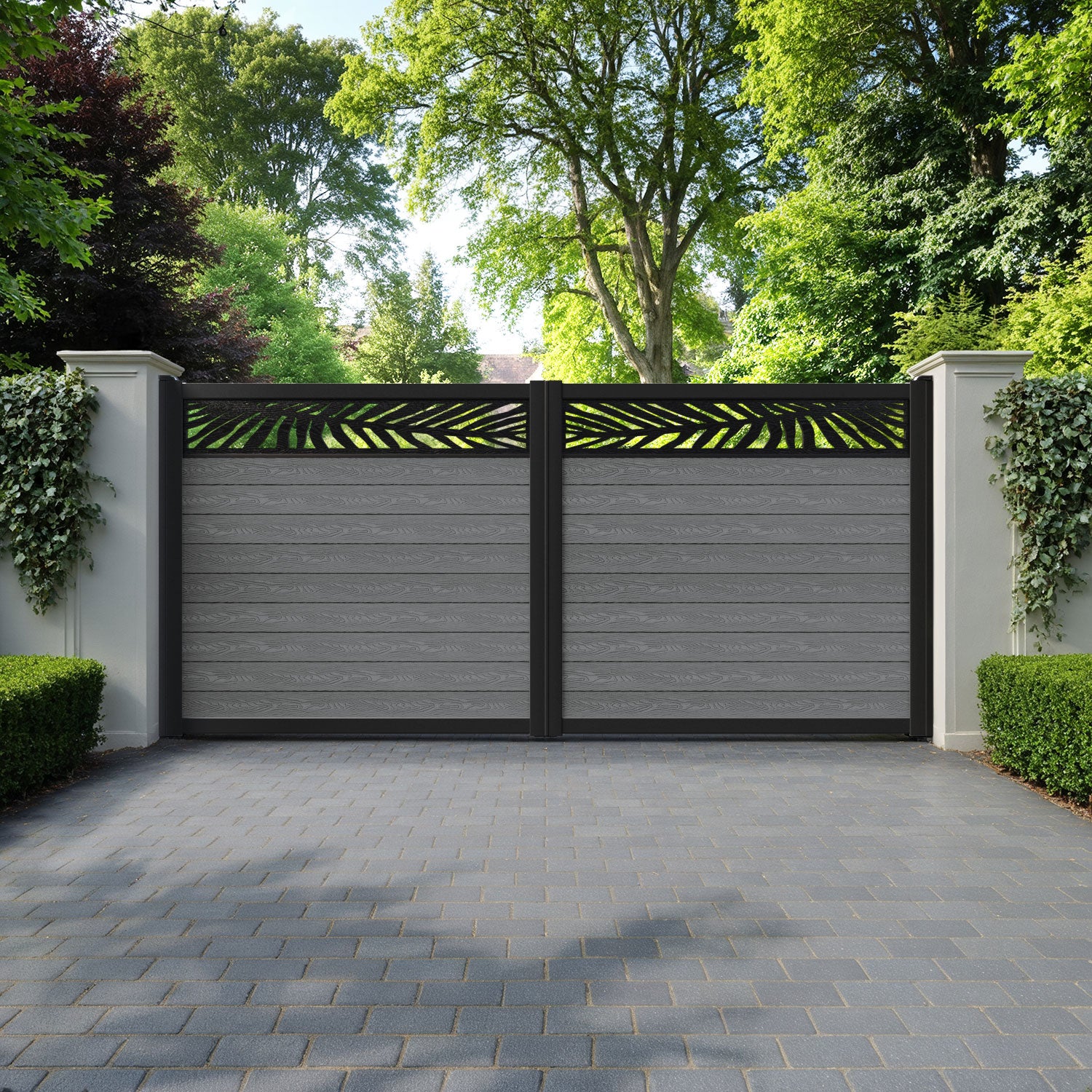 Classic Palm Straight Top Driveway Gate - Mid Grey - Top Screen