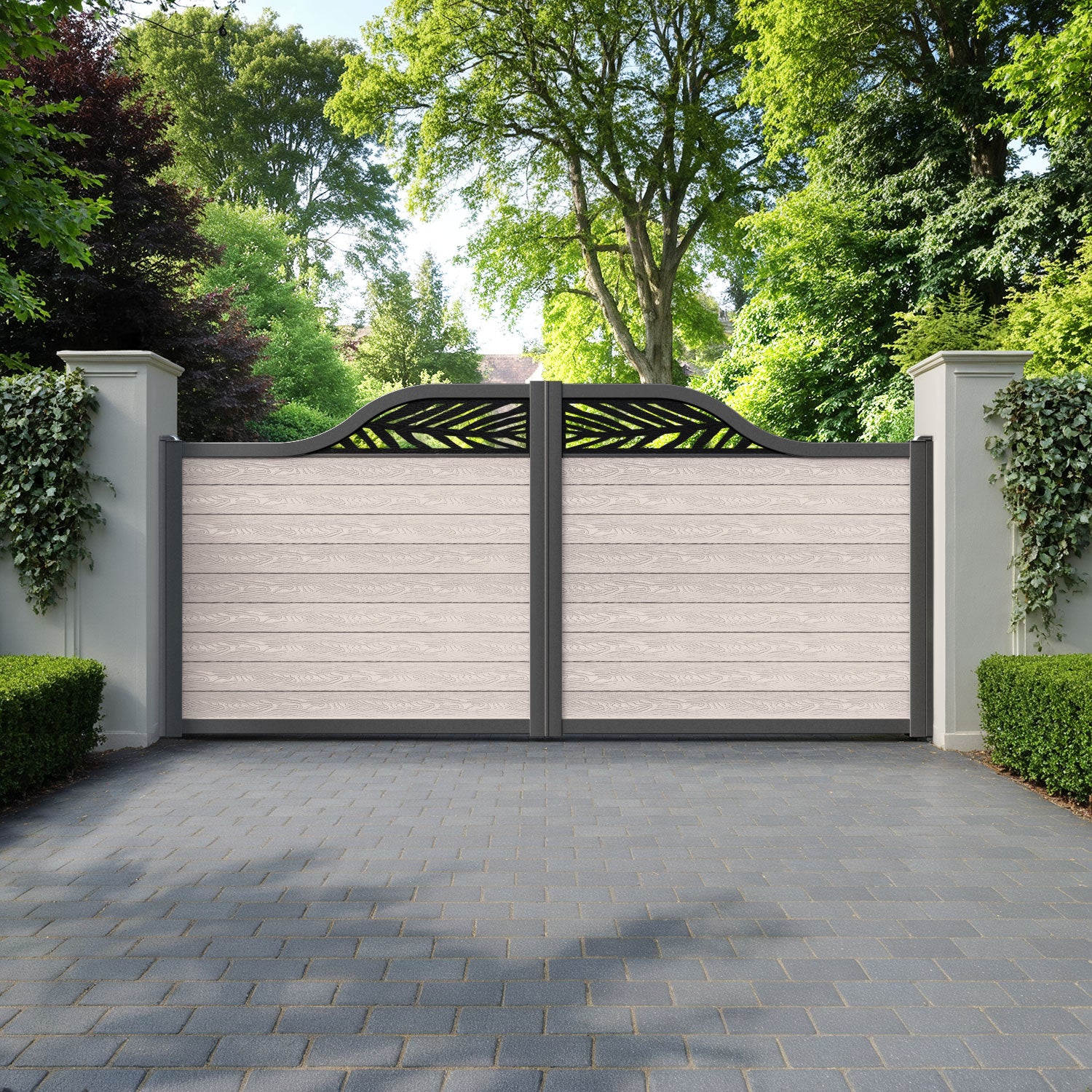 Classic Palm Curved Top Driveway Gate - Mid Stone - Top Screen