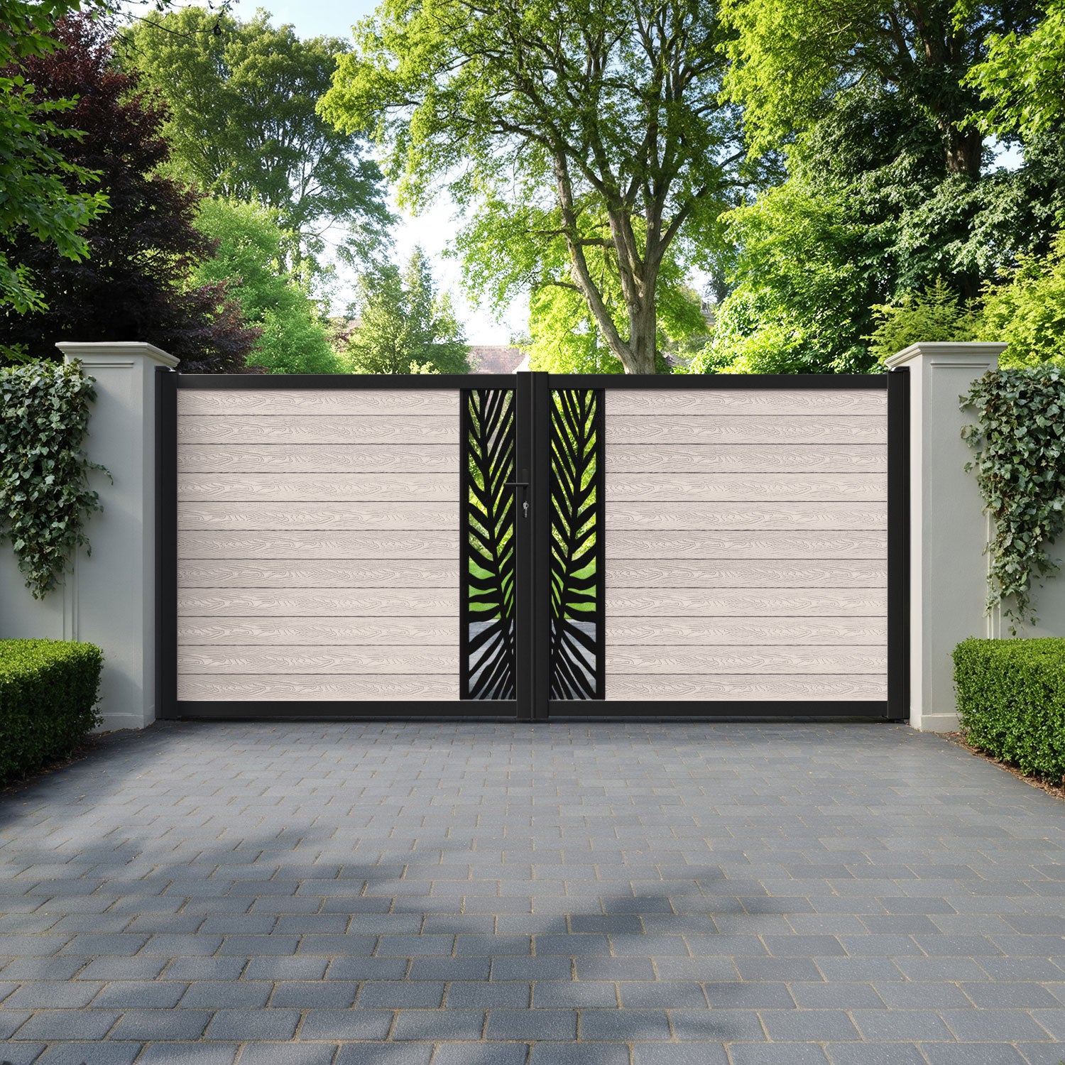 Classic Palm Straight Top Driveway Gate - Mid Stone - Middle Screen