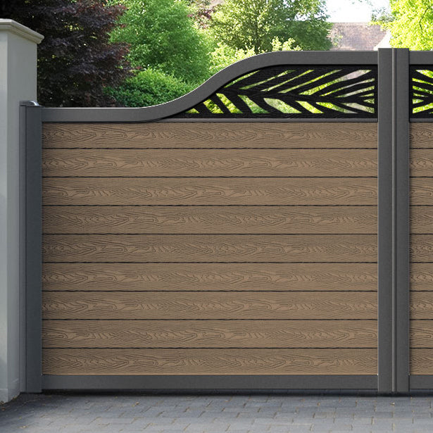 Classic Palm Curved Top Driveway Gate - Teak -  Top Screen