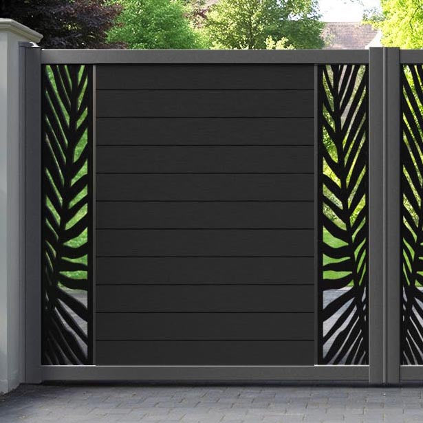 Fusion Palm Straight Top Driveway Gate - Black - Middle & End Screen