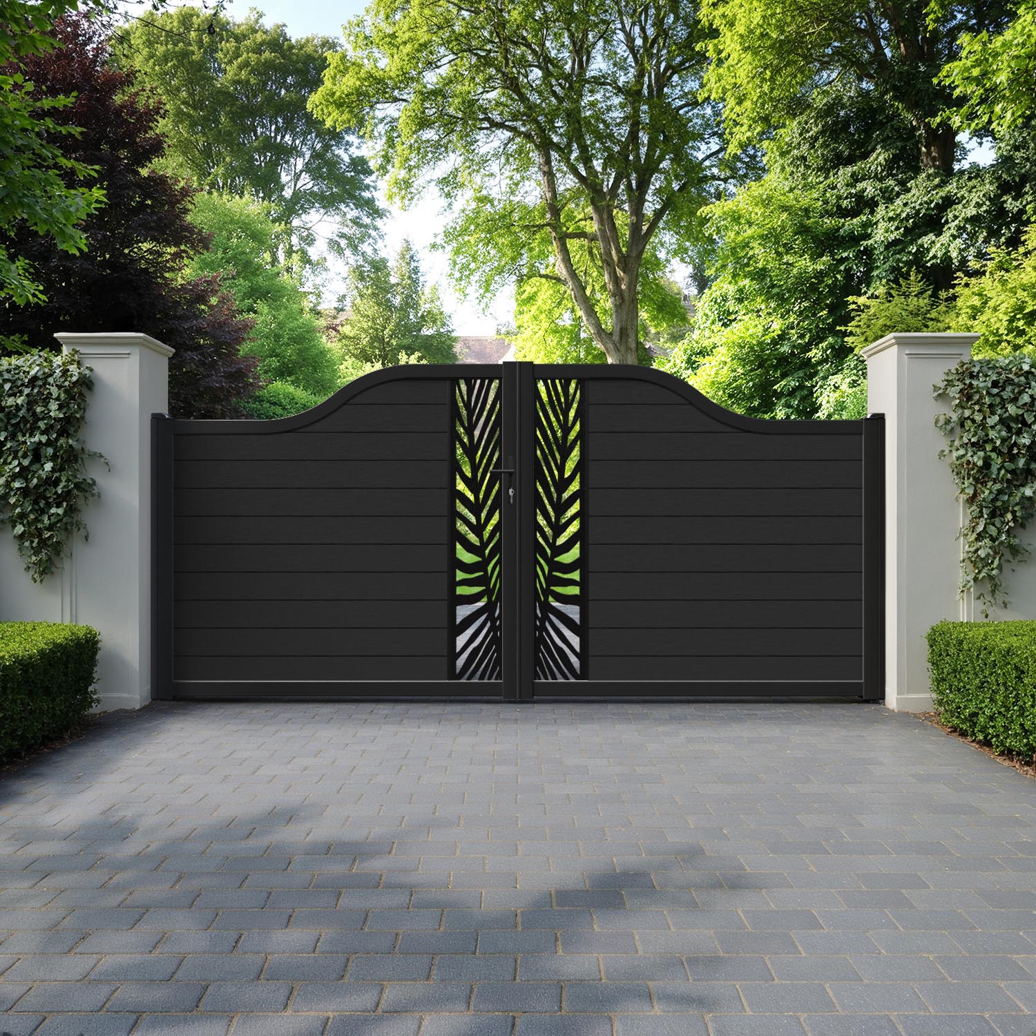 Fusion Palm Curved Top Driveway Gate - Black - Middle Screen