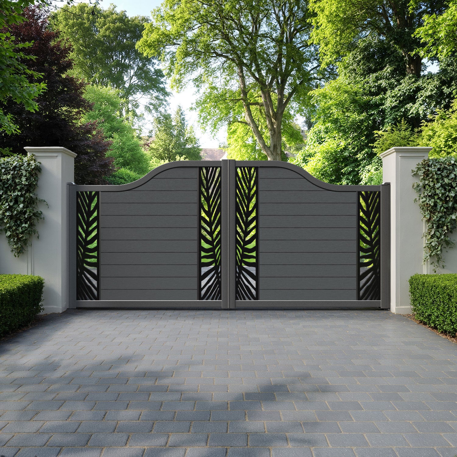 Fusion Palm Curved Top Driveway Gate - Dark Grey - Middle & End Screen