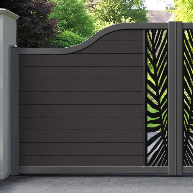 Fusion Palm Curved Top Driveway Gate - Dark Oak - Middle Screen