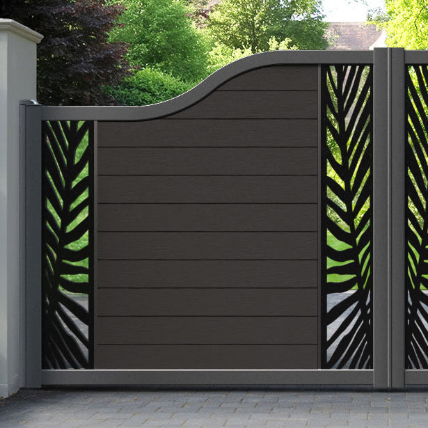 Fusion Palm Curved Top Driveway Gate - Dark Oak - Middle & End Screen