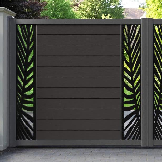 Fusion Palm Straight Top Driveway Gate - Dark Oak - Middle & End Screen