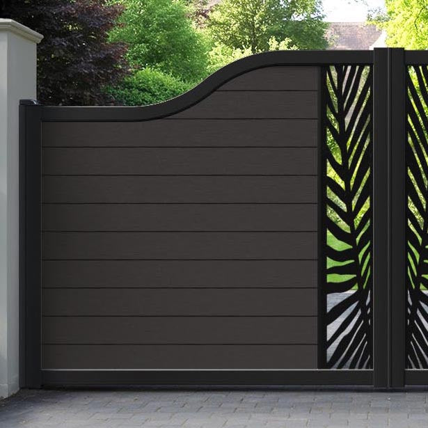 Fusion Palm Curved Top Driveway Gate - Dark Oak - Middle Screen
