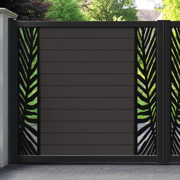 Fusion Palm Straight Top Driveway Gate - Dark Oak - Middle & End Screen