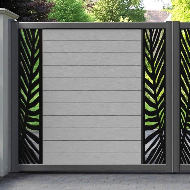 Fusion Palm Straight Top Driveway Gate - Light Grey - Middle & End Screen