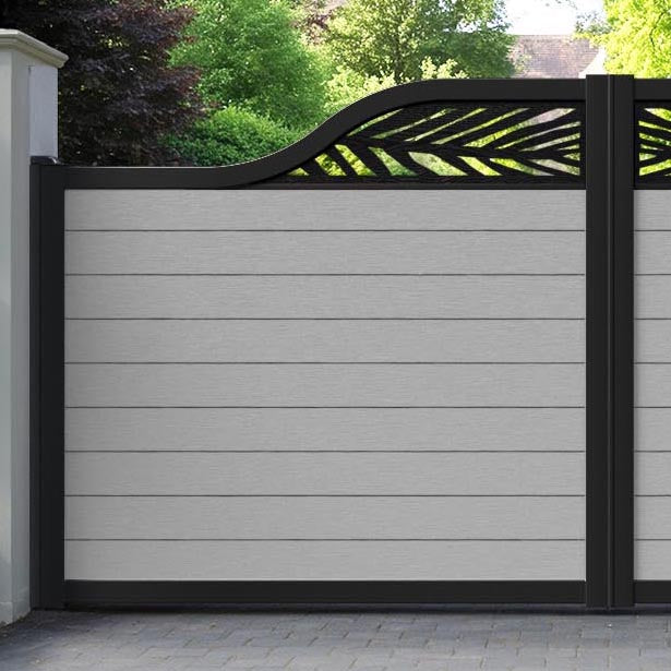 Fusion Palm Curved Top Driveway Gate - Light Grey - Top Screen