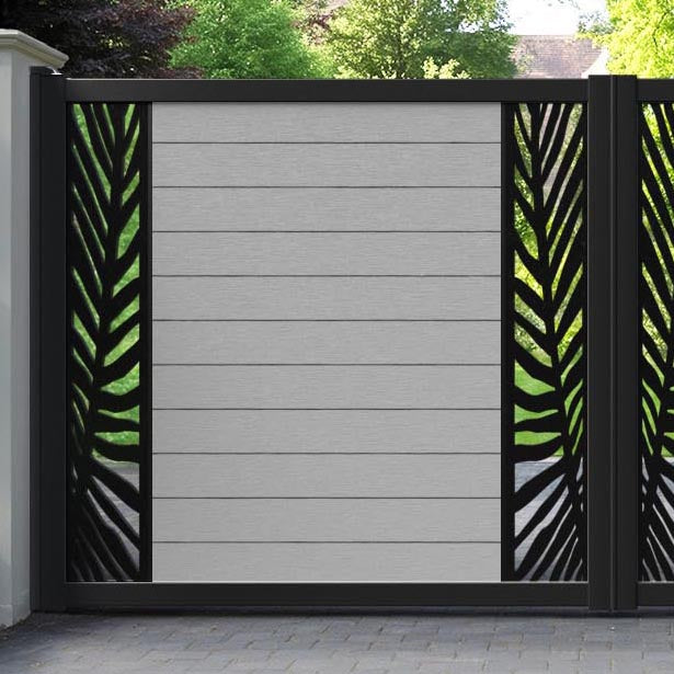 Fusion Palm Straight Top Driveway Gate - Light Grey - Middle & End Screen