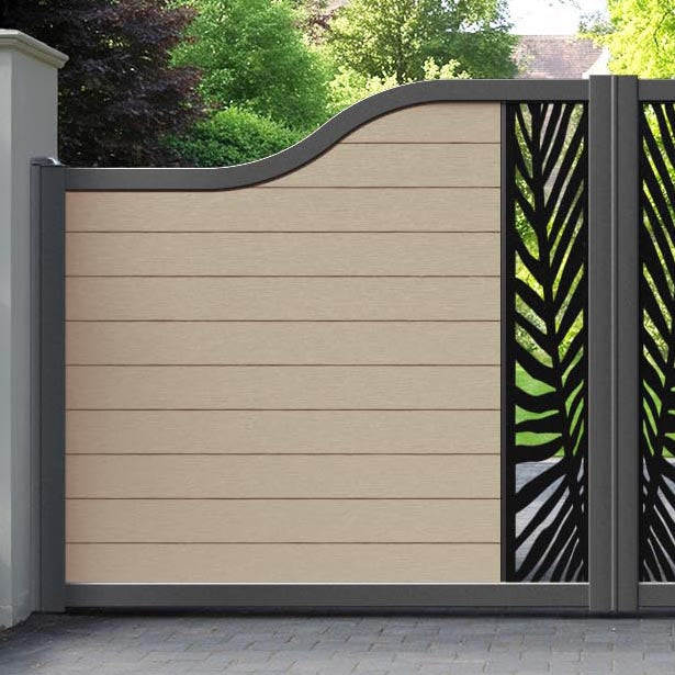 Fusion Palm Curved Top Driveway Gate - Light Oak - Middle Screen