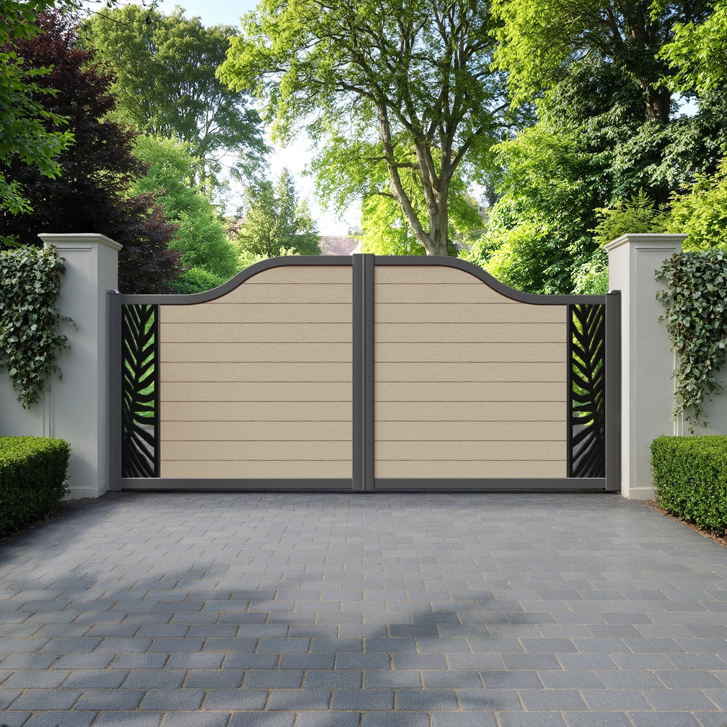 Fusion Palm Curved Top Driveway Gate - Light Oak - End Screen